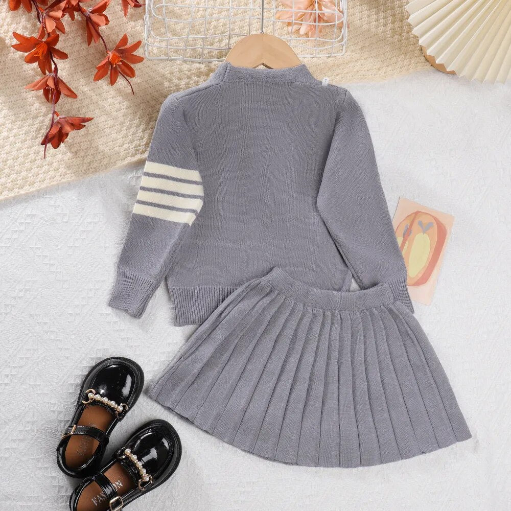 Girls Preppy Cardigan Skirt Set