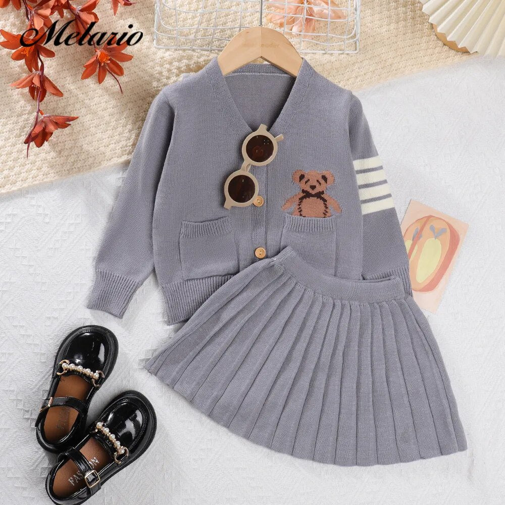 Girls Preppy Cardigan Skirt Set