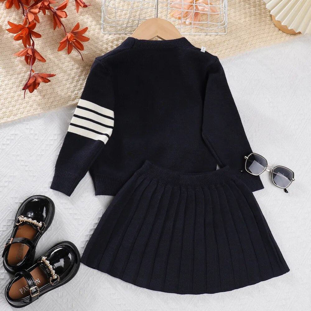 Girls Preppy Cardigan Skirt Set